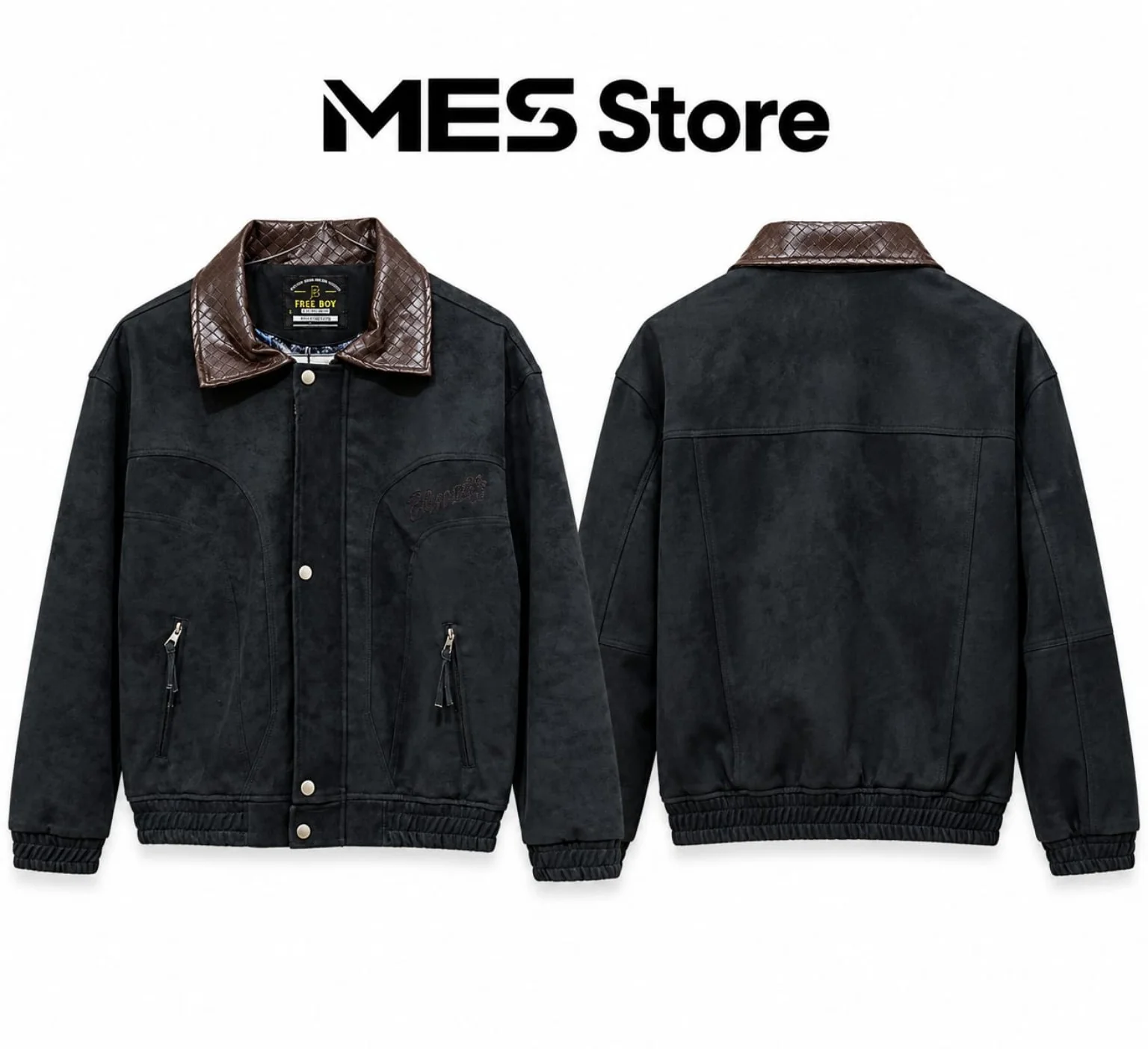 جاكت MES Store أسود بتفاصيل جلد بني